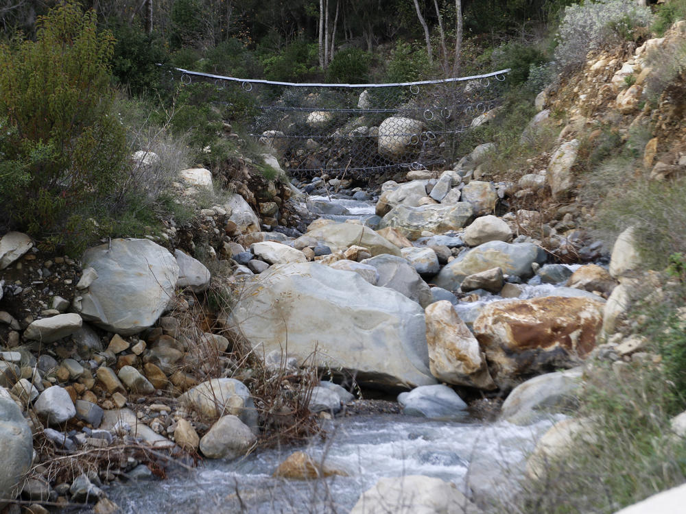 Netting made from mettle cables is visible above a creek in Montecito, Calif., on Jan. 12, 2023. With climate change predicted to produce more severe weather, officials are scrambling to put in basins, nets and improve predictions of where landslides might occur to keep homes and people safe.