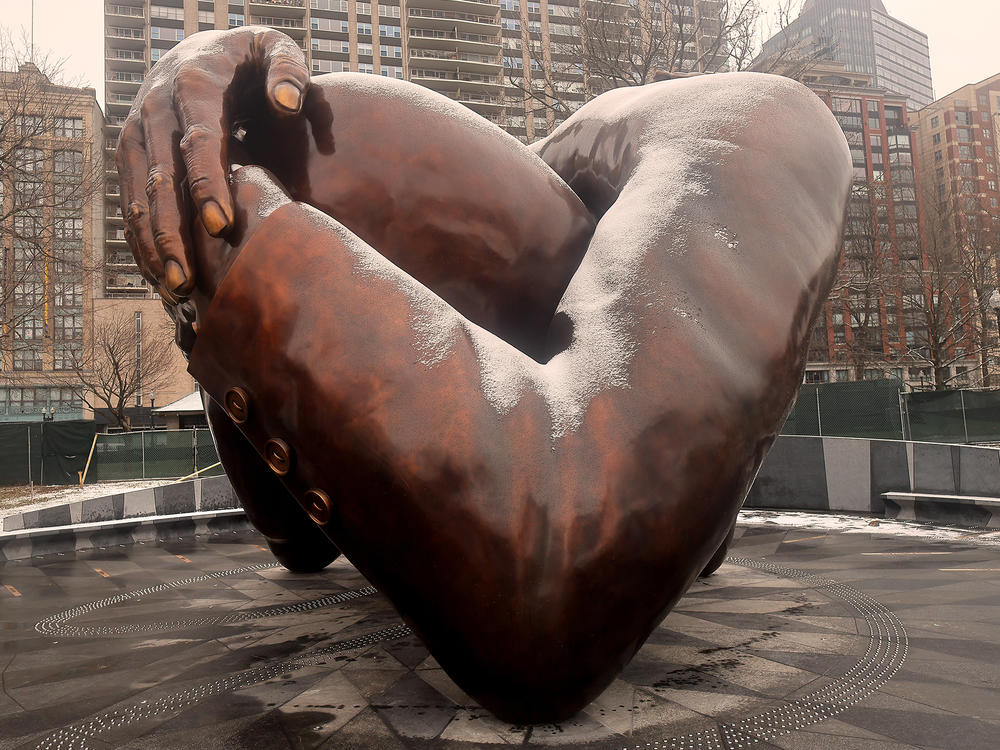 The Embrace, the new memorial sculpture in Boston made in tribute to Martin Luther King Jr. and Coretta Scott King, was unveiled on Friday.
