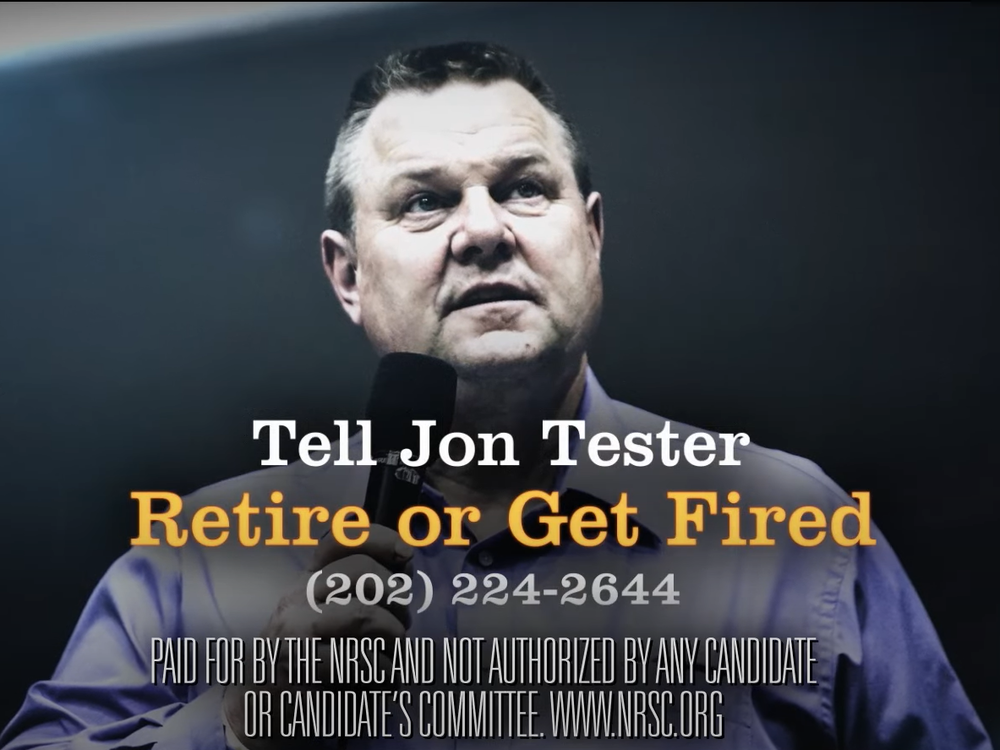 A screen grab from the National Republican Senate Committee's new campaign urging Montana Democrat Sen. Jon Tester to retire before being ousted in 2024. The NRSC says it plans to retake red states with Democratic leaders through its new Retire or Get Fired campaign.