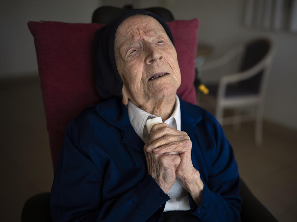 Sister André poses for a portrait at the Sainte Catherine Laboure care home in Toulon, southern France, on April 27, 2022. With her death, the oldest living person is now Maria Branyas Morera of Spain at age 115.