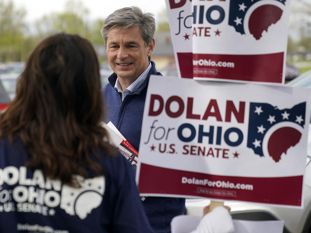 Ohio Sen. Matt Dolan outside a polling place in Parma Heights, Ohio, on May 3. Despite having lost in the Republican primary last year, Dolan is running for the U.S. Senate again in 2024.