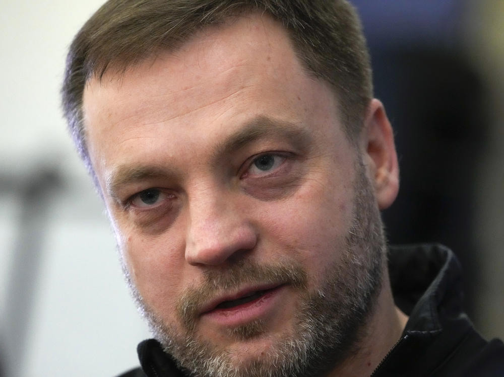Ukrainian Interior Minister Denys Monastyrskyi speaks during an interview with The Associated Press in Kyiv, Ukraine, March 18, 2022. The chief of Ukraine's National Police on Wednesday said a helicopter crash in a Kyiv suburb has killed 18 people, including Ukraine's interior minister and two children.