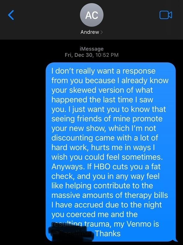 A screenshot provided to NPR by a close friend of the TikTok user Caroline, who claims Andrew Callaghan coerced her into having sex in 2021.