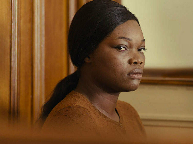 Laurence Coly (Guslagie Malanda) confesses to causing the death of her baby daughter Elise in <em>Saint Omer.</em>
