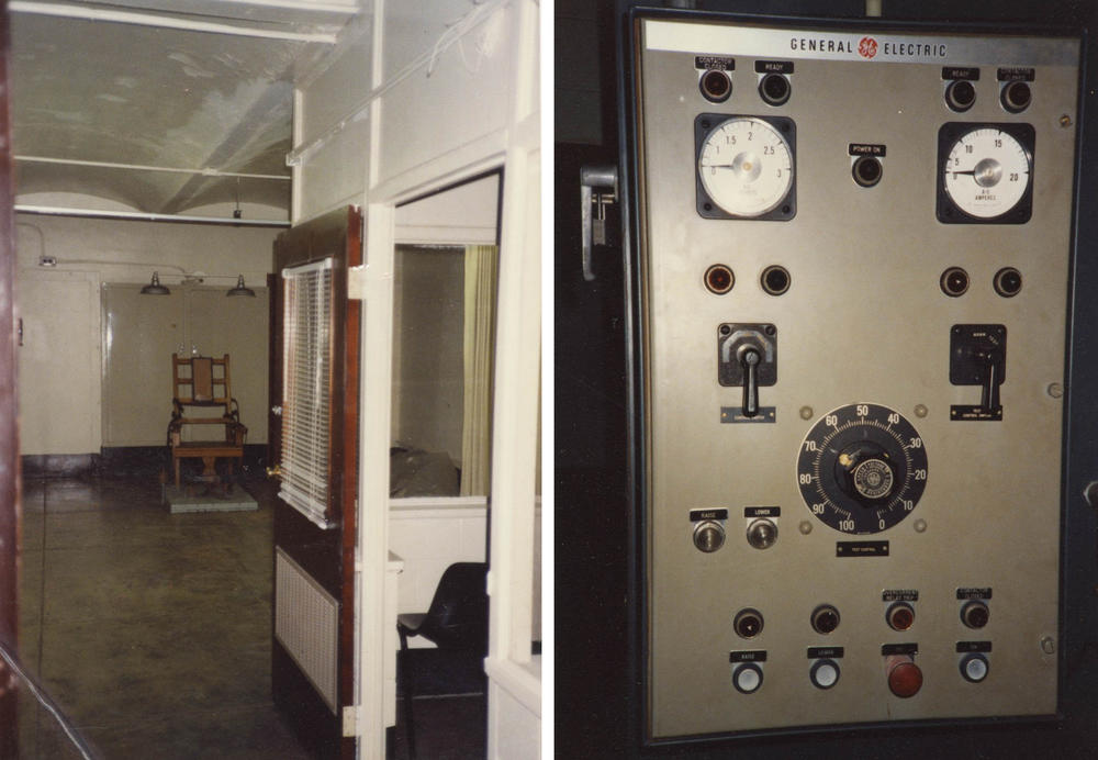 Left: The electric chair in the death chamber at Virginia State Penitentiary in 1991. Right: The computer that controlled the electric chair. The prison was closed and demolished in the early '90s.
