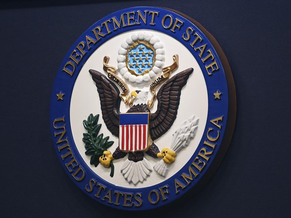 The State Department seal is seen on the briefing room lectern at the State Department in Washington, D.C., on Jan. 31, 2022.
