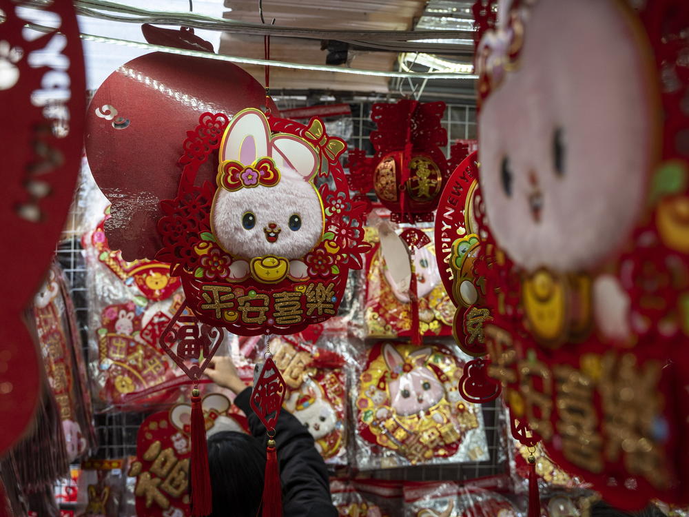 Decorations for Lunar New Year are on display at a shop in Hong Kong. Celebrations start this weekend as millions welcome the year of the rabbit.