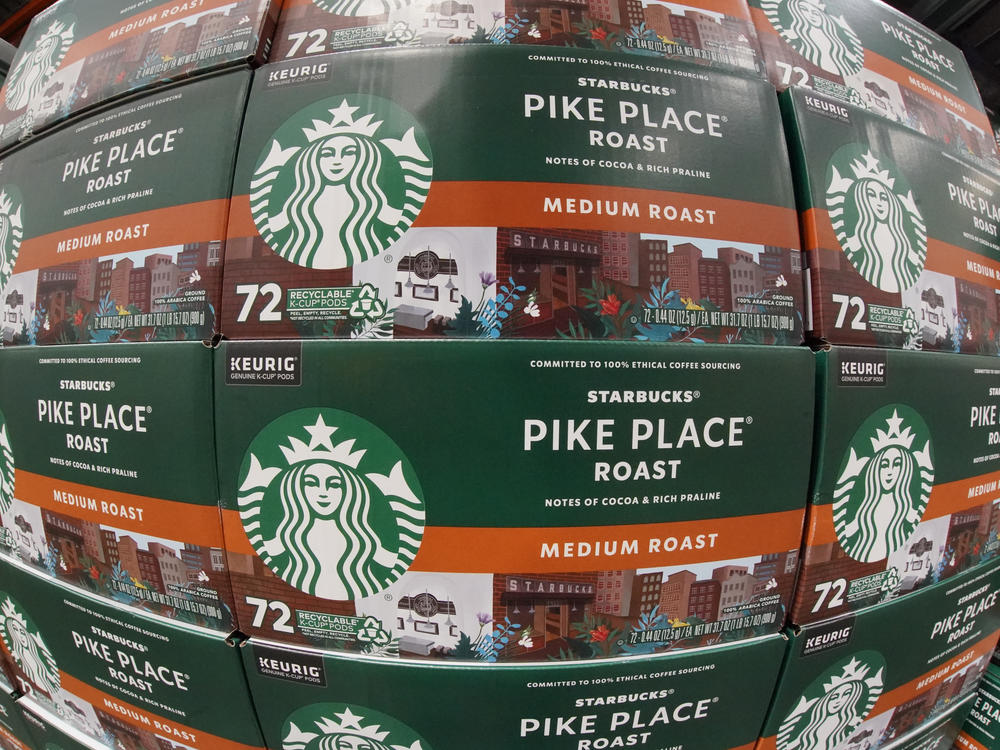 A display of Starbucks coffee pods at a Costco Warehouse in Pennsylvania. A recent article says using coffee pods might be better for the climate, but the science is far from settled. (AP Photo/Gene J. Puskar)