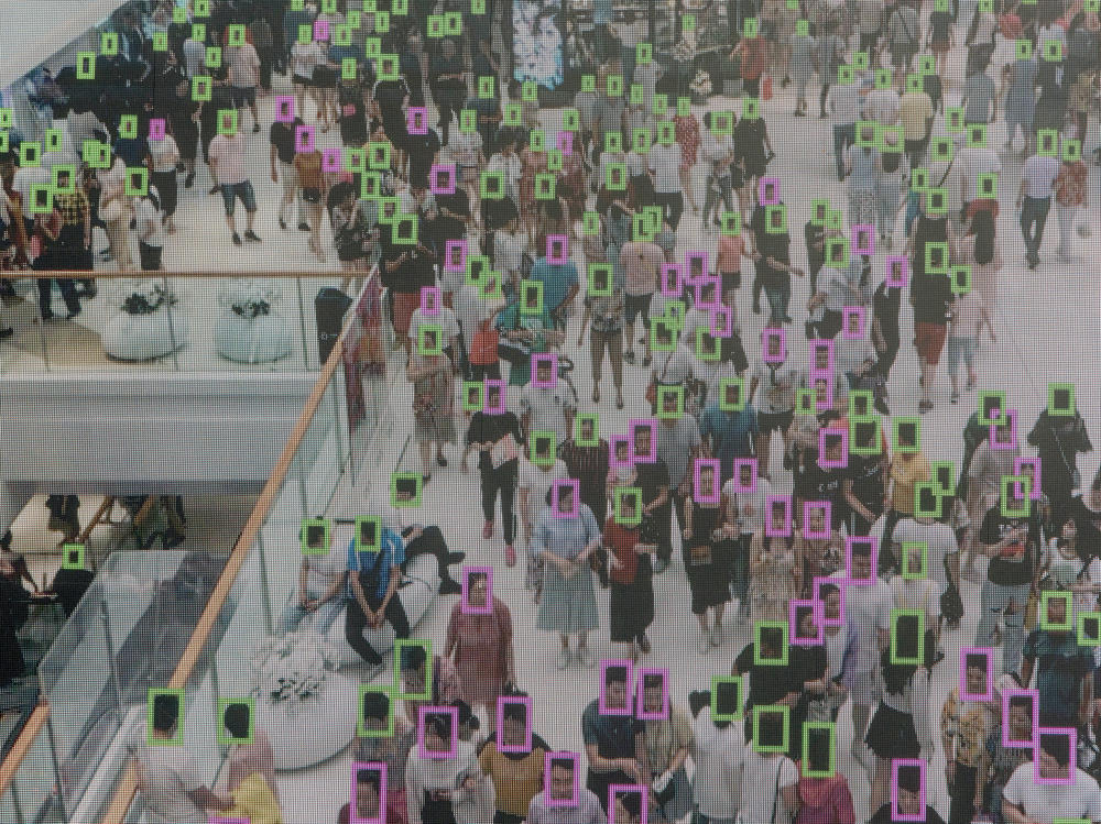 A screen demonstrates facial recognition technology at the World Artificial Intelligence Conference in Shanghai in 2019.