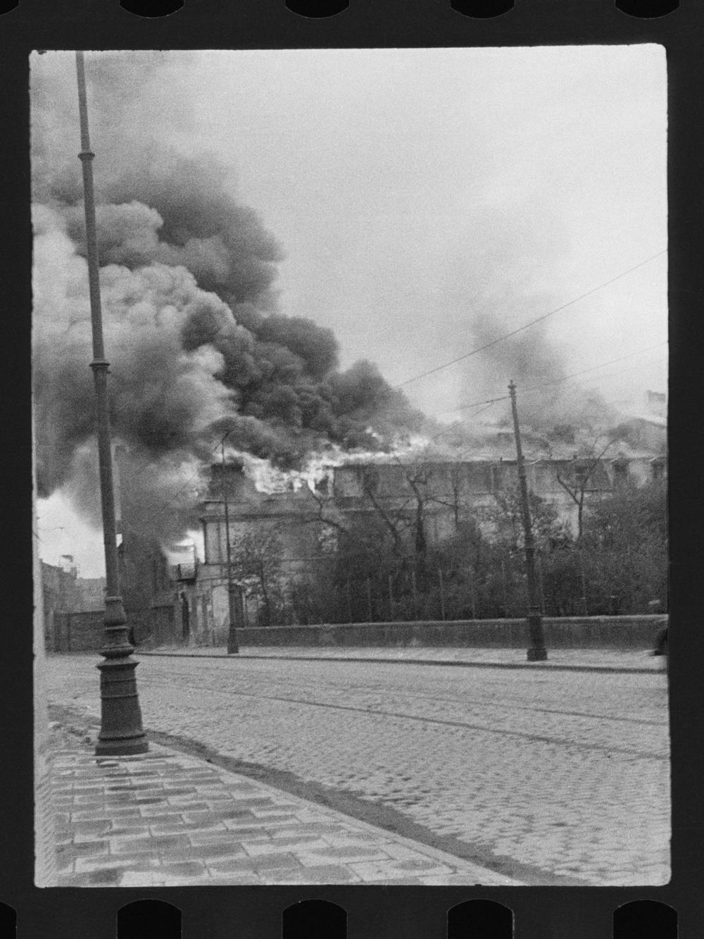 This undated handout negative taken byZbigniew Leszek Grzywaczewski shows the Warsaw Ghetto during the uprising of 1943.