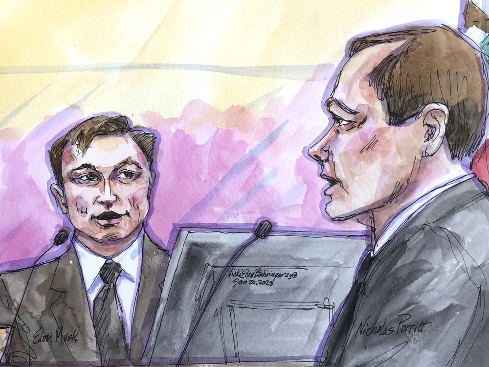 In this courtroom sketch, Elon Musk, left, with shareholder attorney Nicholas Porritt, appears in federal court in San Francisco on Friday.