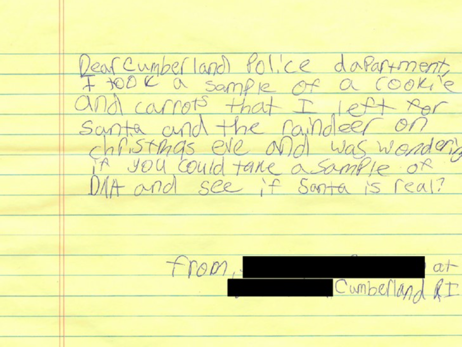 A young girl's note to the police department asked to test for evidence of Santa.