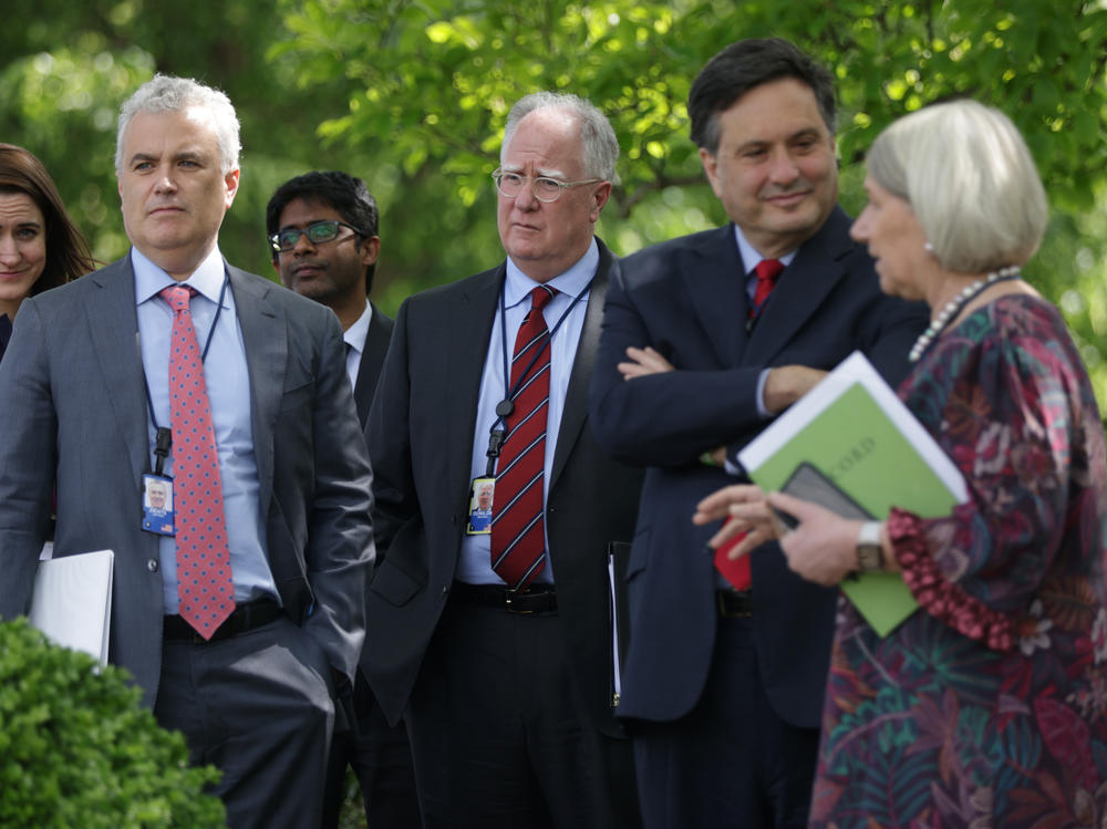In this file photo, Jeff Zients — then the COVID-19 response coordinator, stands with other members of Biden's inner circle: adviser Mike Donilon, chief of staff Ron Klain, and adviser Anita Dunn.