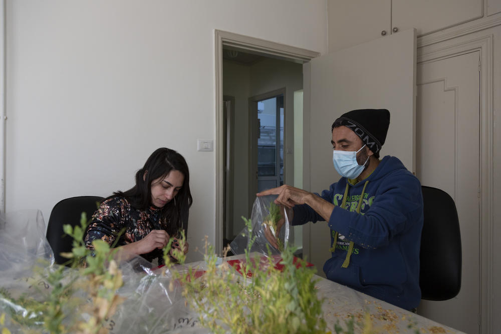 Eman Darwish, left, an assistant at the ICARDA lab, works with Bilal Inaty at the research station, Dec. 21, 2022.