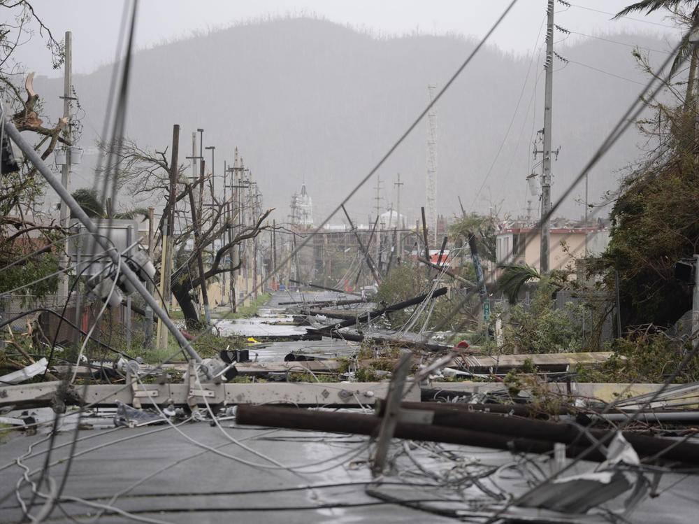 In this Sept. 20, 2017 file photo, electricity poles and lines lie toppled on the road after Hurricane Maria hit the eastern region of the island in Humacao, Puerto Rico.