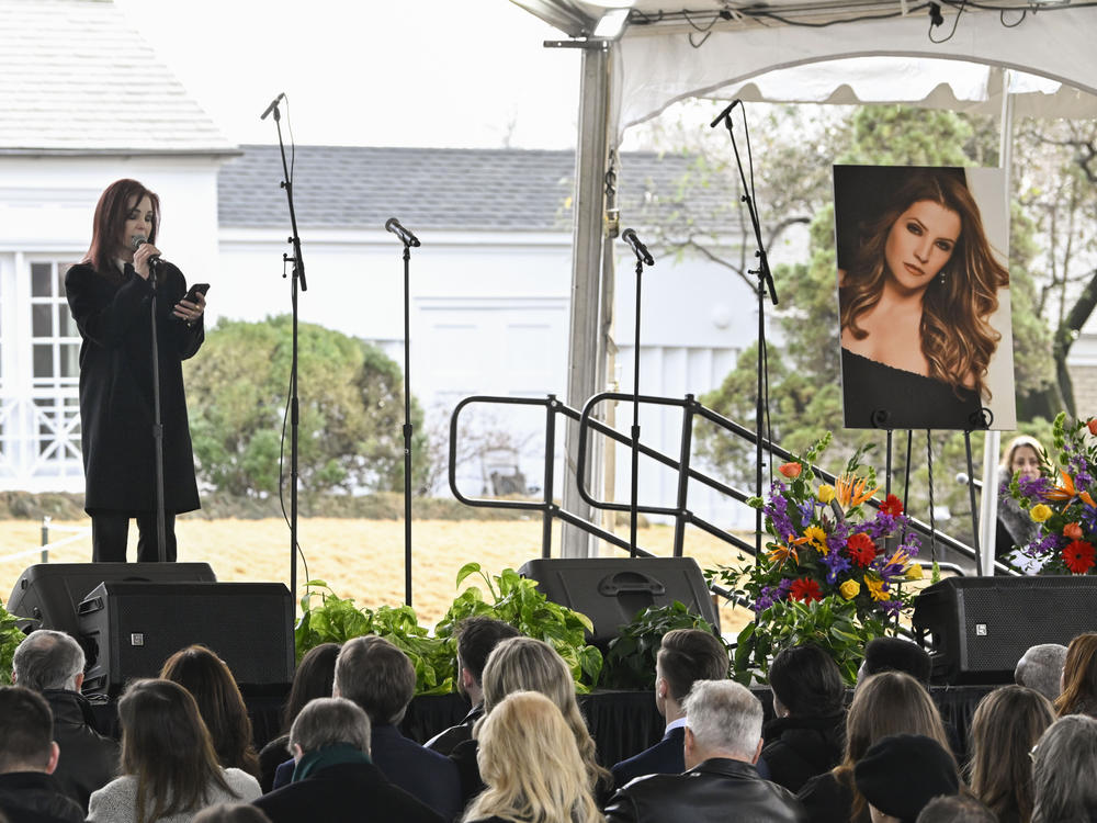 Priscilla Presley reads a poem wrtitten by granddaughter Harper Lockwood during a memorial service for her daughter Lisa Marie Presley at Graceland Sunday, Jan. 22, 2023, in Memphis, Tenn.
