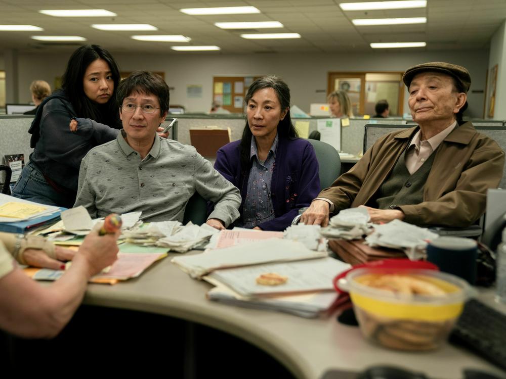 Stephanie Hsu, Ke Huy Quan, Michelle Yeoh and James Hong in <em>Everything Everywhere All at Once</em>, which led the Oscar nominations Tuesday.