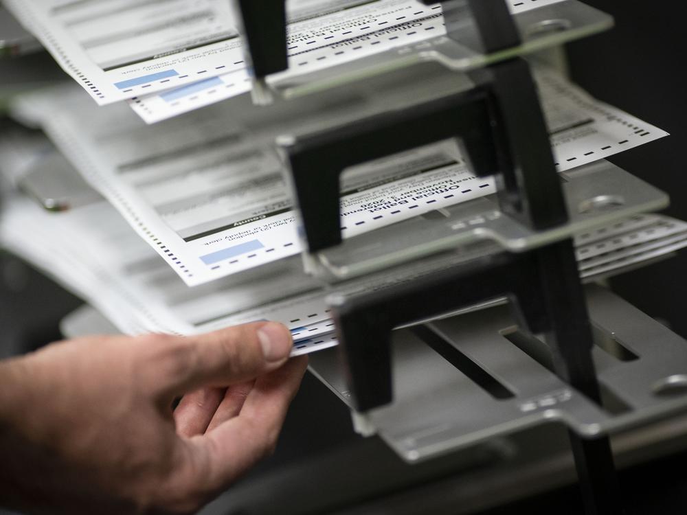 Workers sort absentee ballots in Kenosha, Wis.