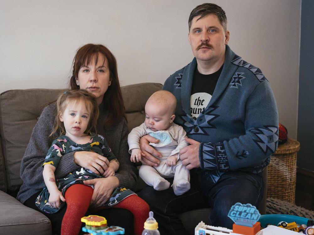 Brenna Kearney and husband Casey Trumble at home with daughter Joey, 3, and their 5-month-old son. Joey was born prematurely in 2019 and, unbeknownst to her parents, treated in the NICU by doctors from a neighboring hospital, Lurie Children's.