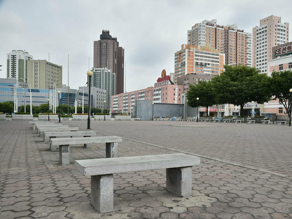 An empty park outside a railway station due to a lockdown in Pyongyang.