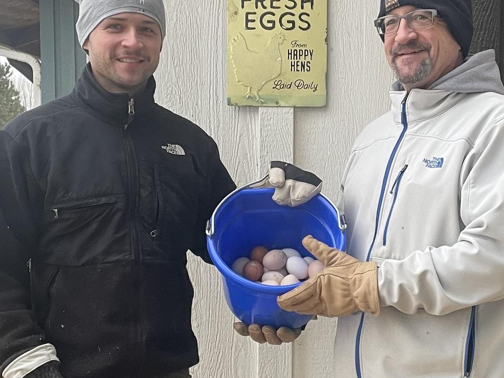 Ron Kern and his son Tony show off some of the eggs they've gathered outside of their chicken coop at Back Forty Farms in Nampa, Idaho.