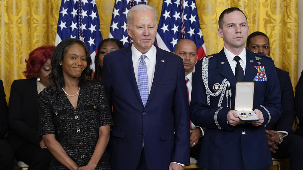 President Biden presented Serena Liebengood the Presidential Citizens Medal on behalf of her partner, U.S. Capitol Police officer Howard C. Liebengood, who died by suicide days after the Jan. 6 attack on the Capitol.