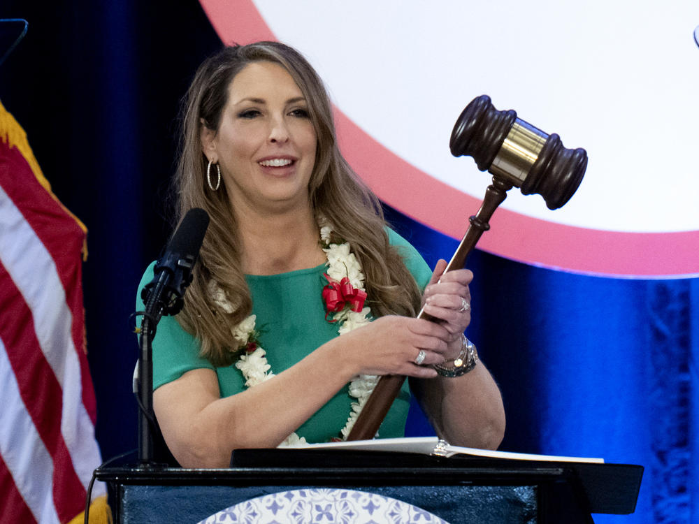 Re-elected Republican National Committee Chair Ronna McDaniel holds a gavel while speaking at the committee's winter meeting in Dana Point, Calif., on Friday.