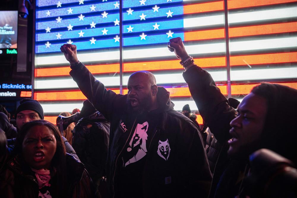 Protesters rally against the fatal police assault of Tyre Nichols, at Times Square in New York City, on January 27, 2023.