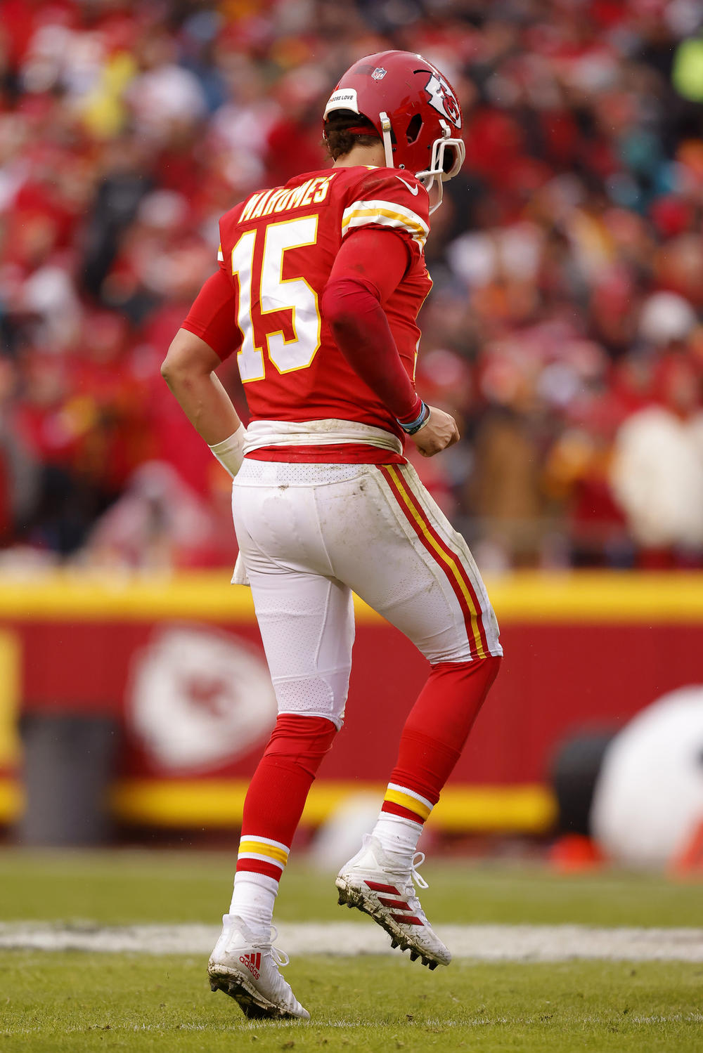 Kansas City Chiefs quarterback Patrick Mahomes limps on the field after being injured against the Jacksonville Jaguars at Arrowhead Stadium on Jan. 21.