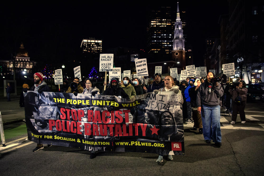 Protesters march in Boston on Friday night demanding police accountability following the release of video of the fatal beating of Tyre Nichols in Memphis, Tenn.