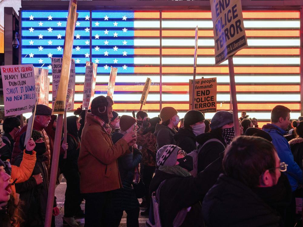 People rally Friday in Times Square in New York City to protest the fatal police assault of Tyre Nichols earlier this month in Memphis, Tenn.