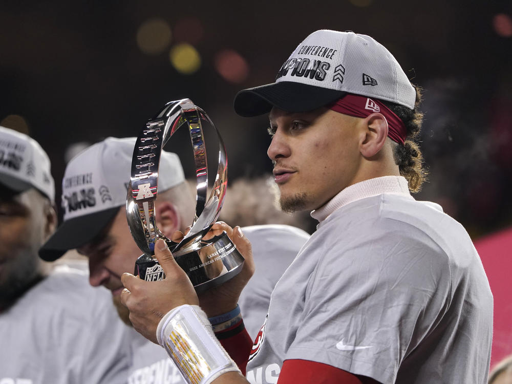 Kansas City Chiefs quarterback Patrick Mahomes celebrates after the NFL AFC Championship playoff football game against the Cincinnati Bengals, Sunday, Jan. 29, 2023, in Kansas City, Mo. The Chiefs won 23-20.