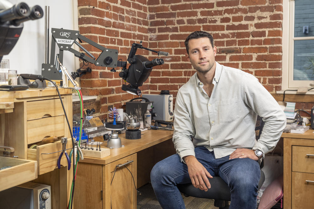 Wove co-founder Andrew Wolgemuth, at his jewelry workshop in Lancaster, Pa.