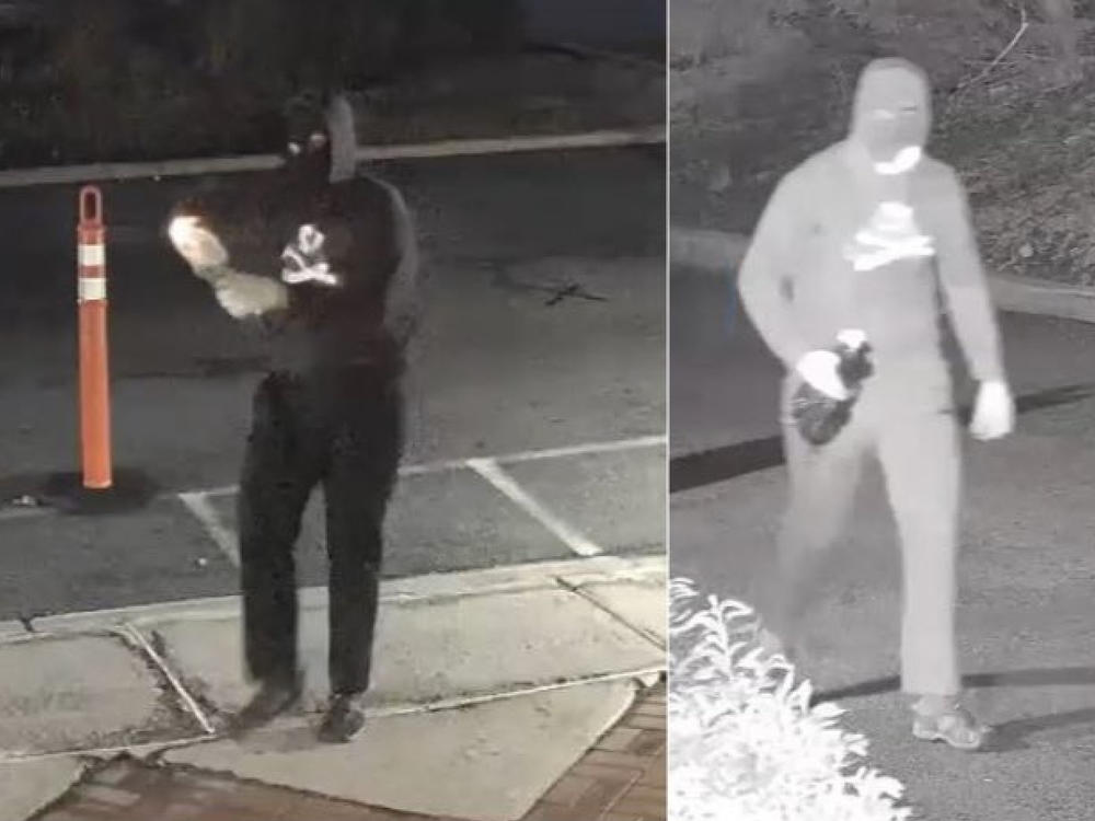 Police in Bloomfield, N.J. are looking for the suspect who hurled a Molotov cocktail at the entrance of a synagogue early Sunday morning. Surveillance video shows him wearing a ski mask and skull and crossbones top.