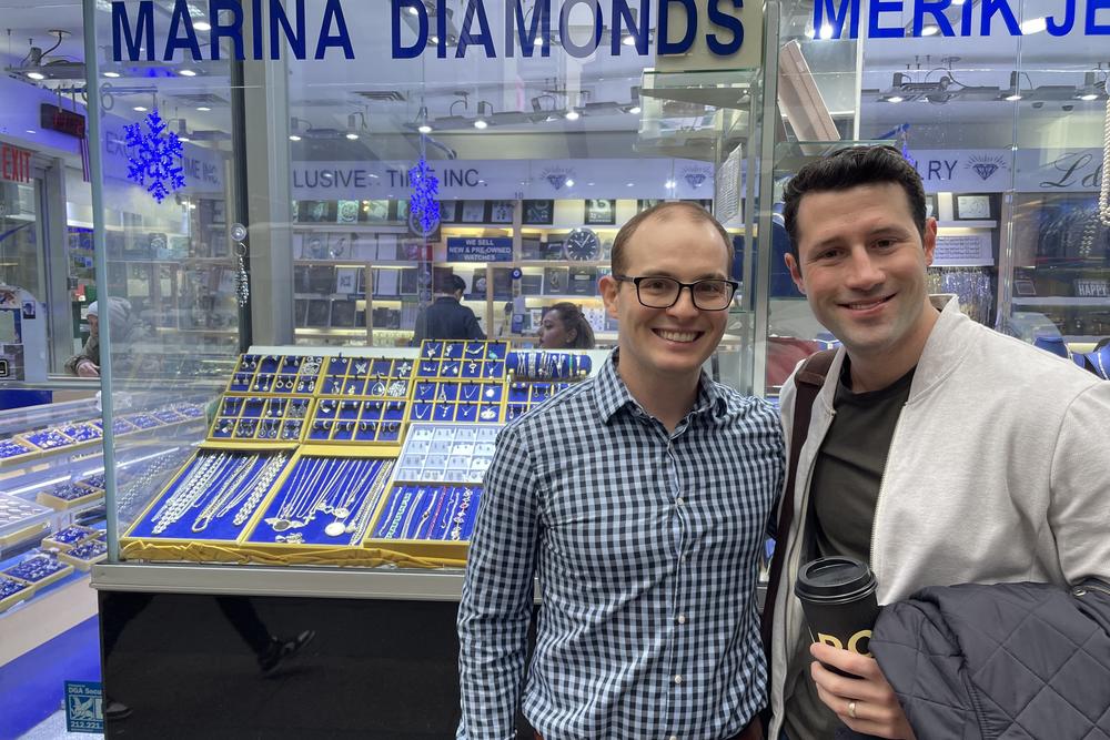 Andrew Wolgemuth and Brian Elliot, posing in Manhattan's Diamond District.