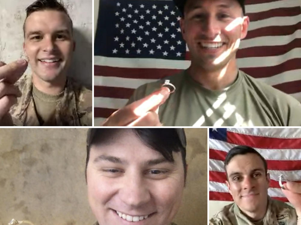 These screenshots show deployed service members that <em>Wove</em> worked with to design engagement rings while they are away from home. The rings in the photos are replicas that the service members received so they would have a sense of what the actual ones would be like.