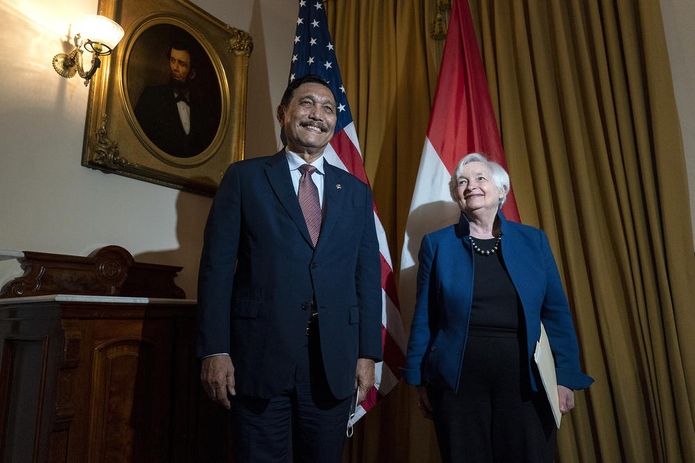 U.S. Treasury Secretary Janet Yellen meets with Luhut Pandjaitan, Indonesia's Coordinating Minister for Maritime Affairs and Investment, in September 2022. Pandjaitan is running the deal to get Indonesia off coal. He also has coal assets himself.