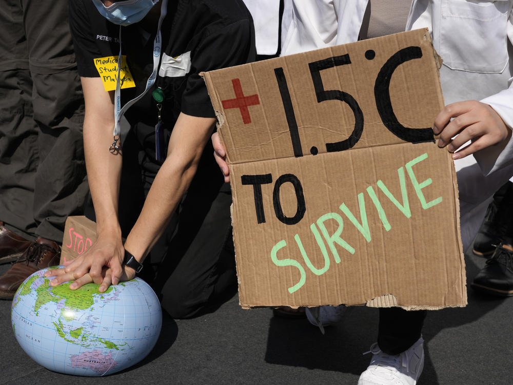 Demonstrators pretend to resuscitate the Earth while advocating for the 1.5 degree warming goal to survive at the COP27 U.N. Climate Summit, Nov. 16, 2022, in Sharm el-Sheikh, Egypt.