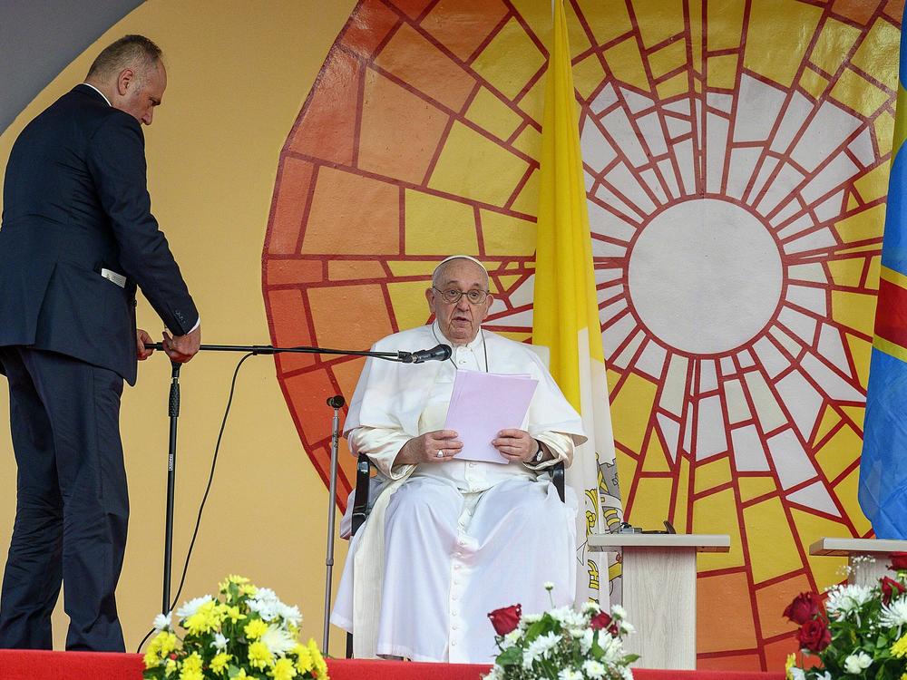 Pope Francis delivers a speech in the garden of the Palace of the Nation during the meeting of the authorities, the civil society and the diplomatic corps in Kinshasa.