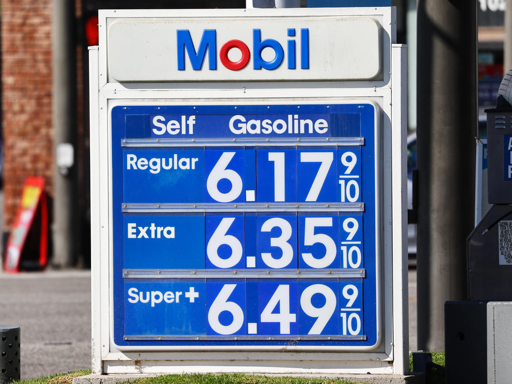 Gas prices are displayed at a Mobil gas station in Los Angeles on Oct. 28, 2022. ExxonMobil posted record earnings in 2022, benefitting from a surge in oil prices.