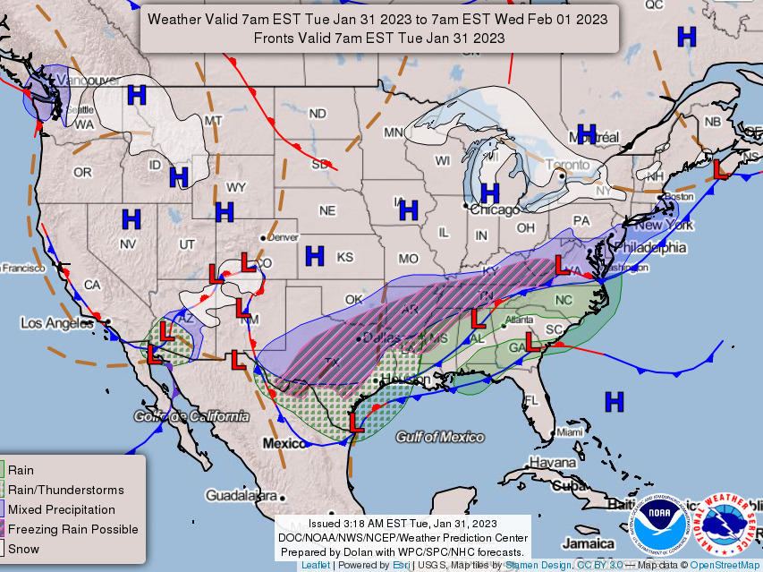 The National Weather Service predicts the ice storm will have wide-ranging impacts across the U.S. South through Thursday morning.