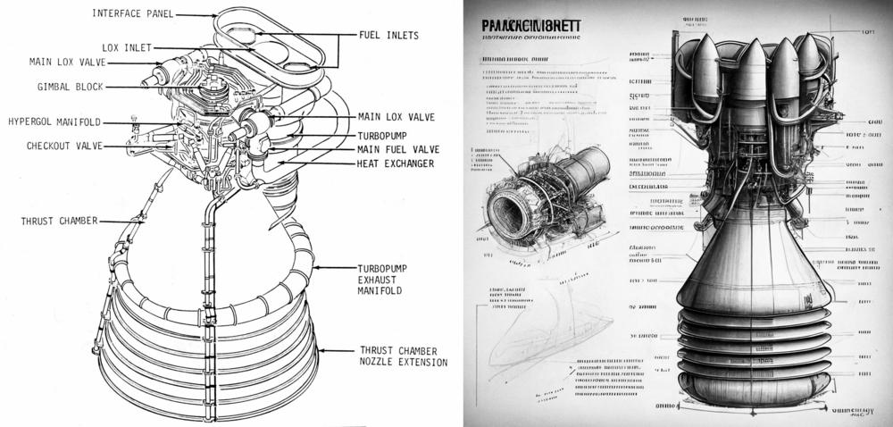 A real schematic of a rocket engine used by NASA's Apollo program (left), and one imagined by Midjourney's image-generating software (right). 