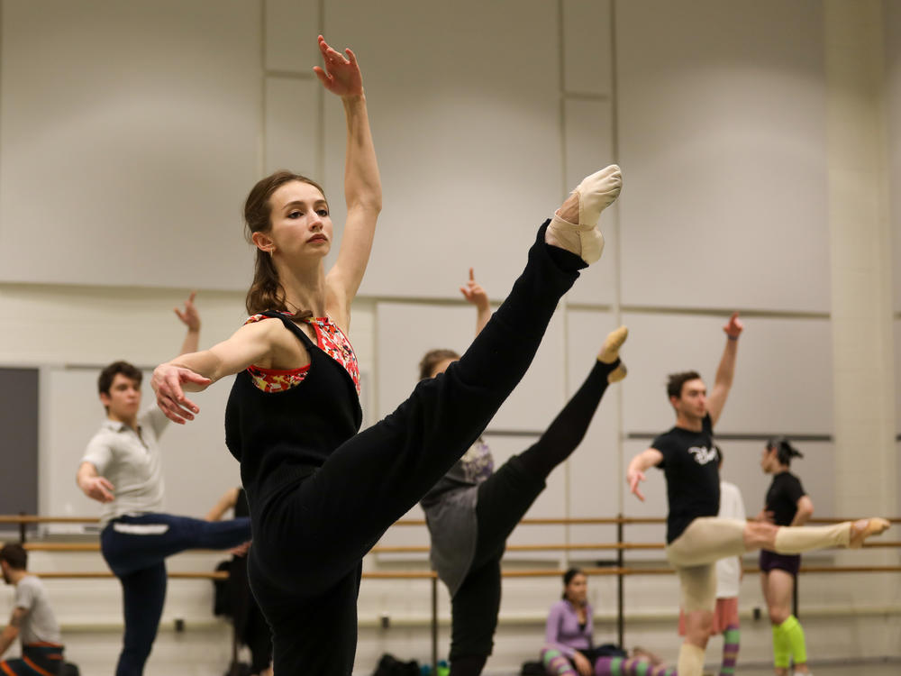 Iryna Zhalovska and other dancers with The United Ukrainian Ballet train at The Kennedy Center. The company is performing <em>Giselle</em> there this week.