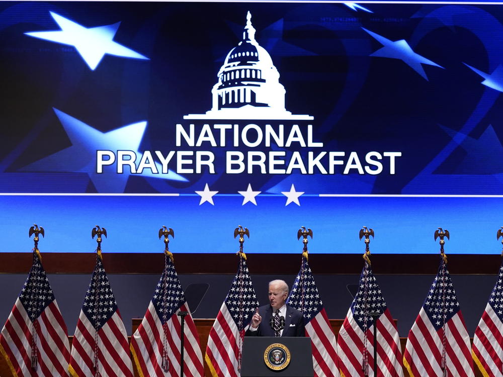 President Biden speaks at the National Prayer Breakfast on Feb. 3, 2022, on Capitol Hill in Washington.