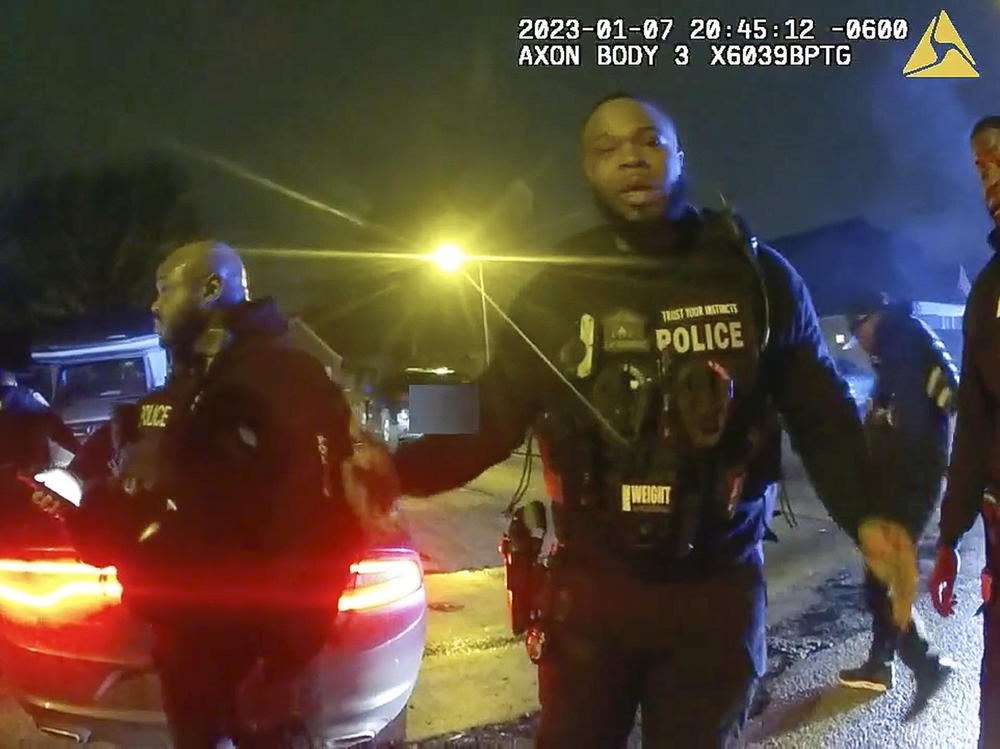 The image from video released on Jan. 27, 2023, by the City of Memphis, shows police officers talking after a brutal attack on Tyre Nichols by five Memphis police officers on Jan. 7, 2023, in Memphis, Tenn. Nichols died on Jan. 10. The five officers have since been fired and charged with second-degree murder and other offenses.