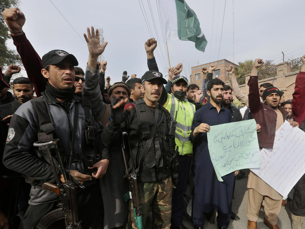 Police officers and others take part in a march denouncing militant attacks and demanding peace, in Peshawar, Pakistan, Wednesday. The placard translates to 