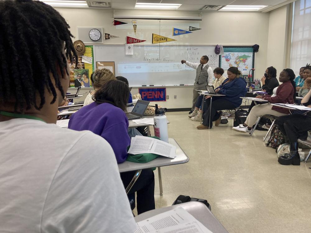 Emmitt Glynn teaches AP African American studies to a group of Baton Rouge Magnet High School students on Jan. 30 in Baton Rouge, La. It was one of 60 schools around the country testing the new course.