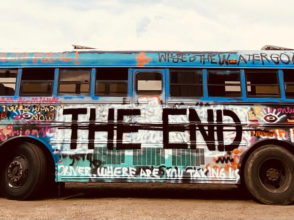 A repurposed school bus from Control Group Productions' climate change-focused immersive theater experience, <em>The End.</em>