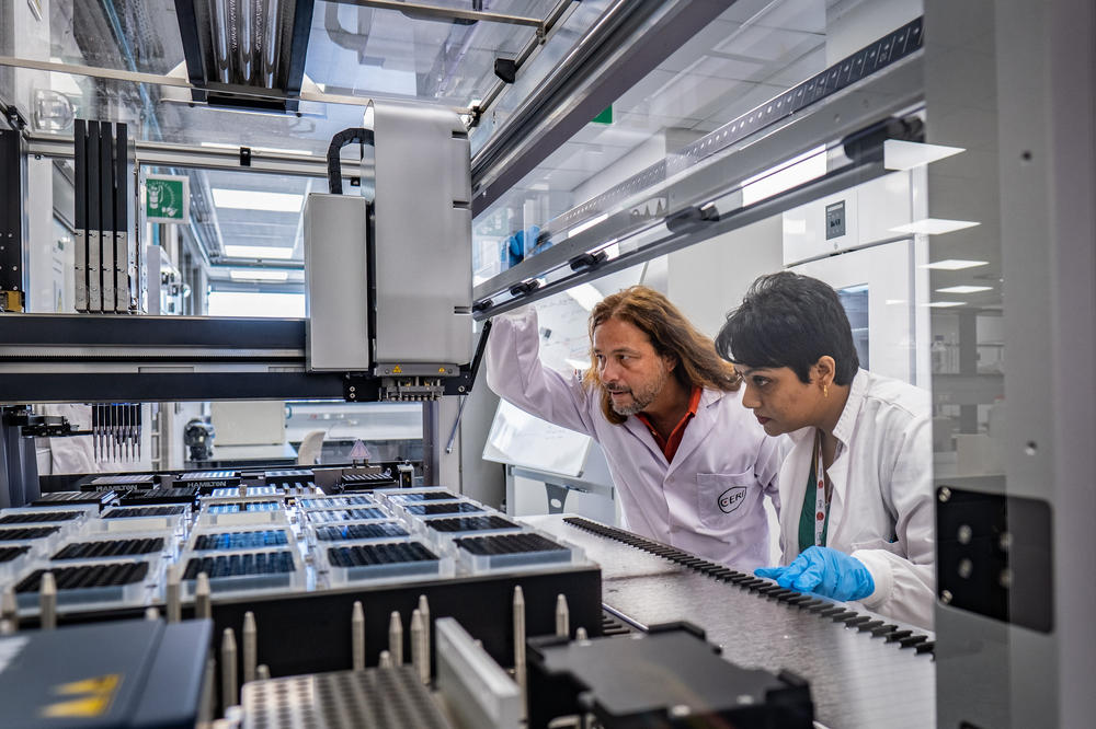 Tulio de Oliveira — a co-discover of the omicron variant of COVID-19 and director of the Centre for Epidemic Response and Innovation in Cape Town, South Africa — confers with Yeshnee Naidoo, who heads lab operations there.