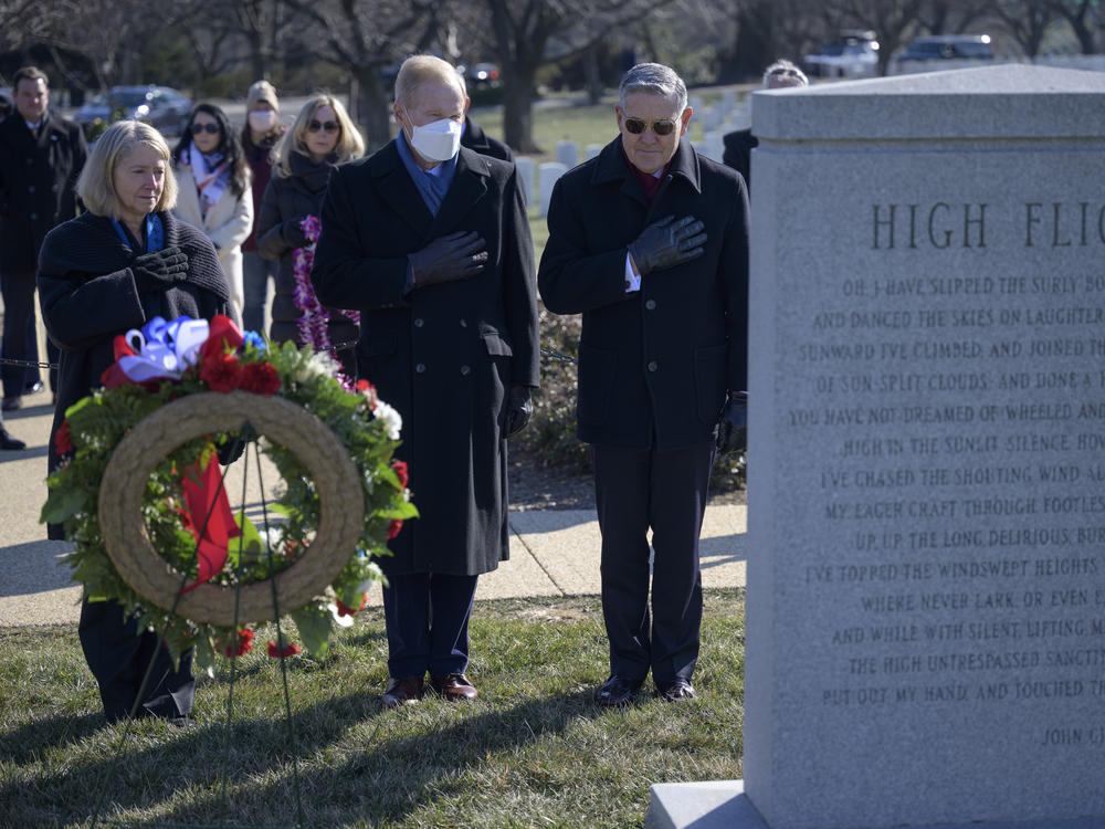 NASA officials including Deputy Administrator Pam Melroy, far left, visit the Space Shuttle Challenger Memorial at Arlington National Cemetery during NASA's Day of Remembrance in January 2022.